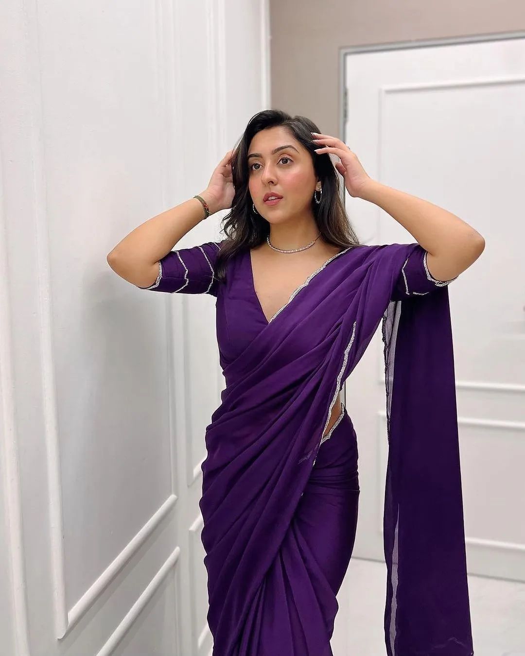 Cynosure 1-Minute Ready To Wear Purple Georgette Saree