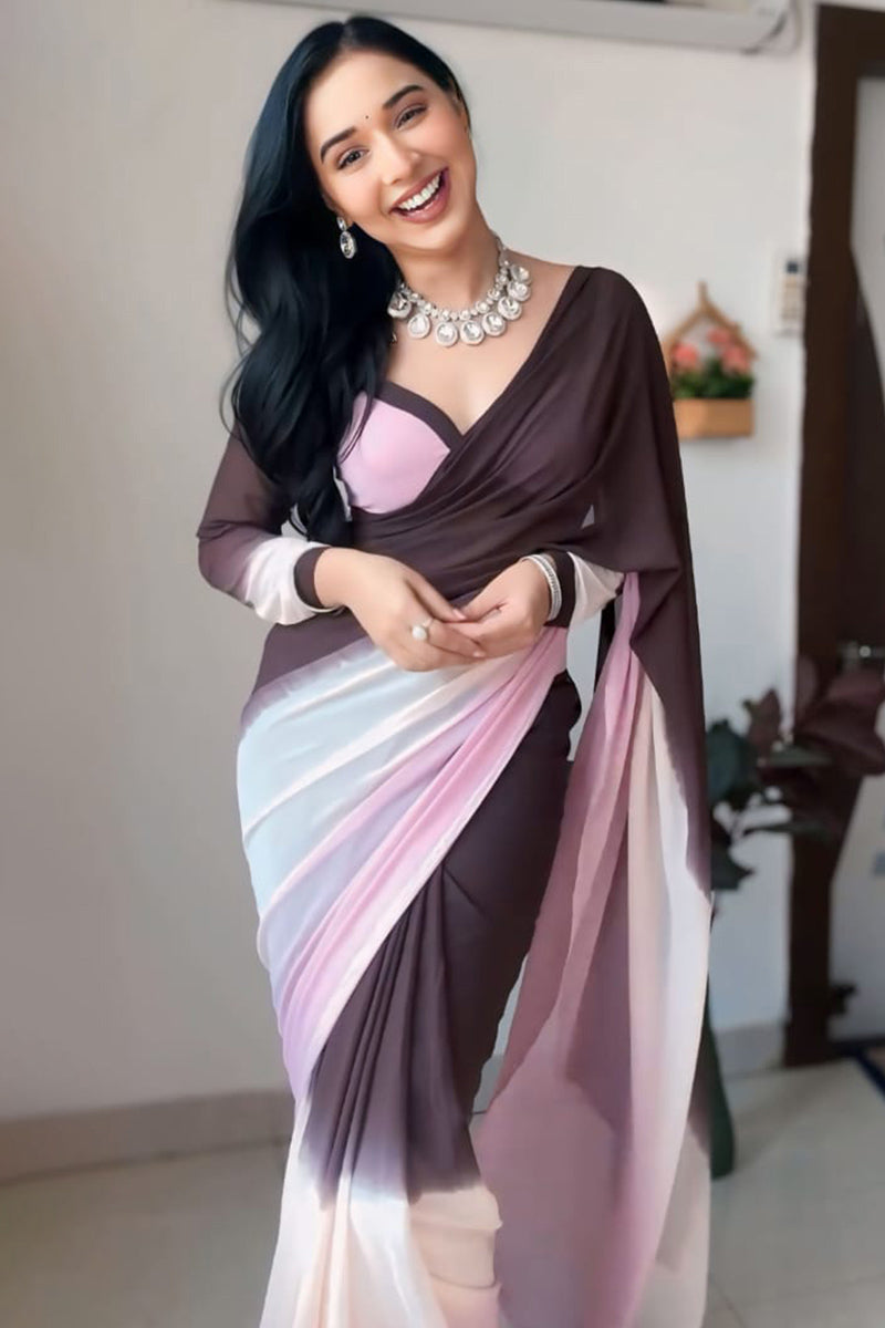 Divine 1-Minute Ready To Wear Brown and Pink Georgette Saree