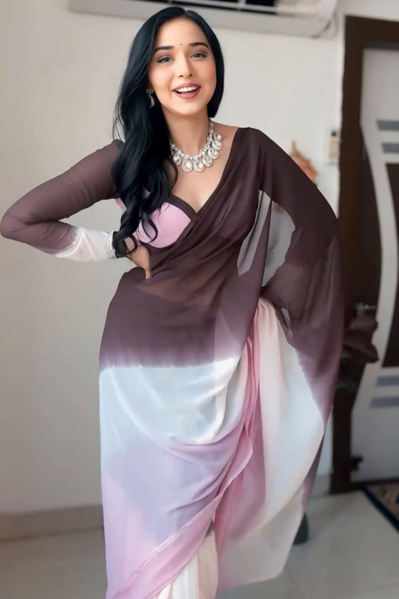 Divine 1-Minute Ready To Wear Brown and Pink Georgette Saree