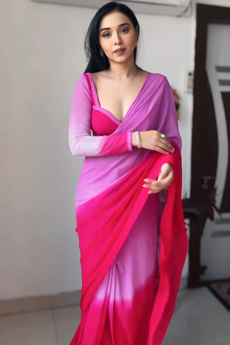 Captivating 1-Minute Ready To Wear Lavender and Pink Georgette Saree