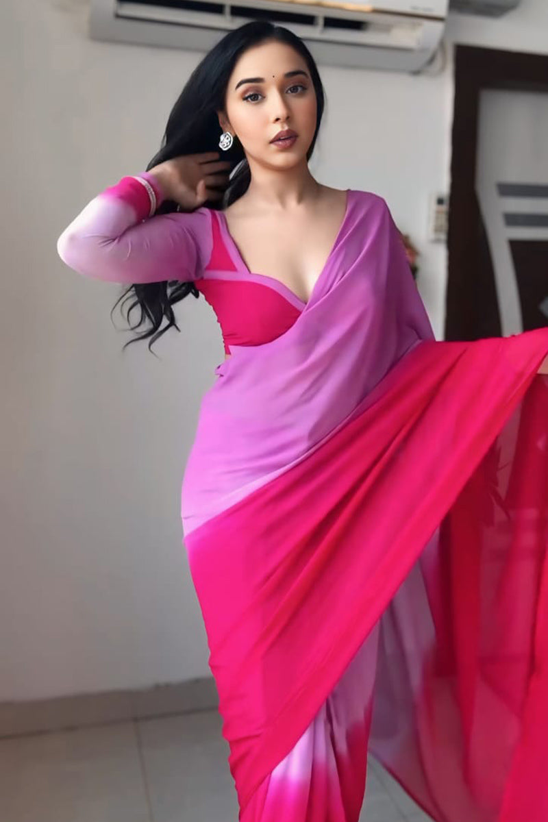 Captivating 1-Minute Ready To Wear Lavender and Pink Georgette Saree