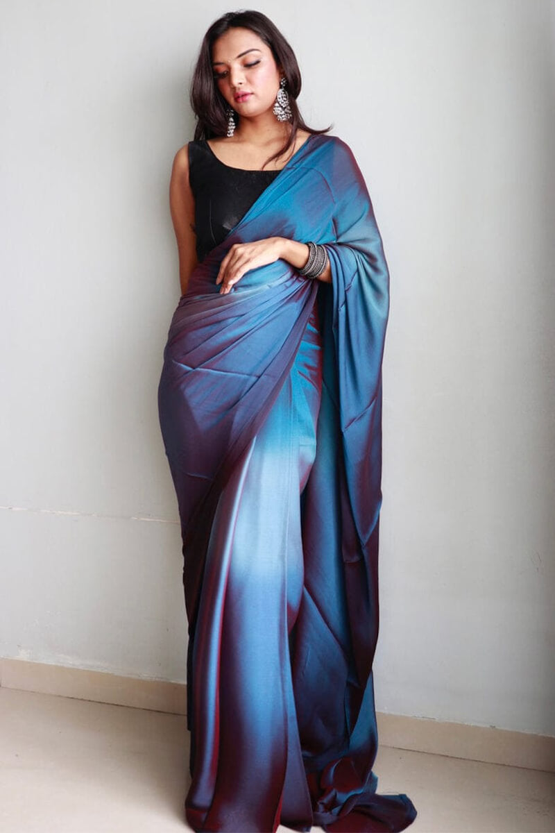 Blooming 1-Minute Ready To Wear Blue Chiffon Silk Saree