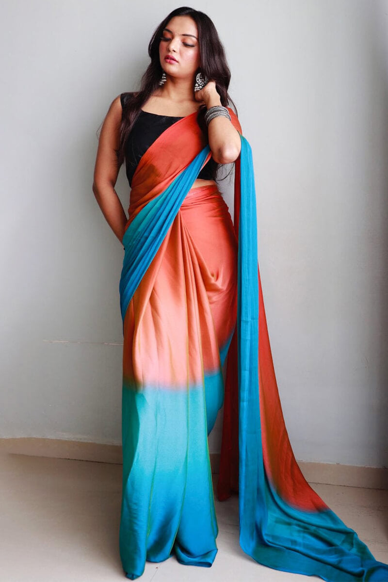 Mesmerising 1-Minute Ready To Wear Orange and Firozi Chiffon Silk Saree