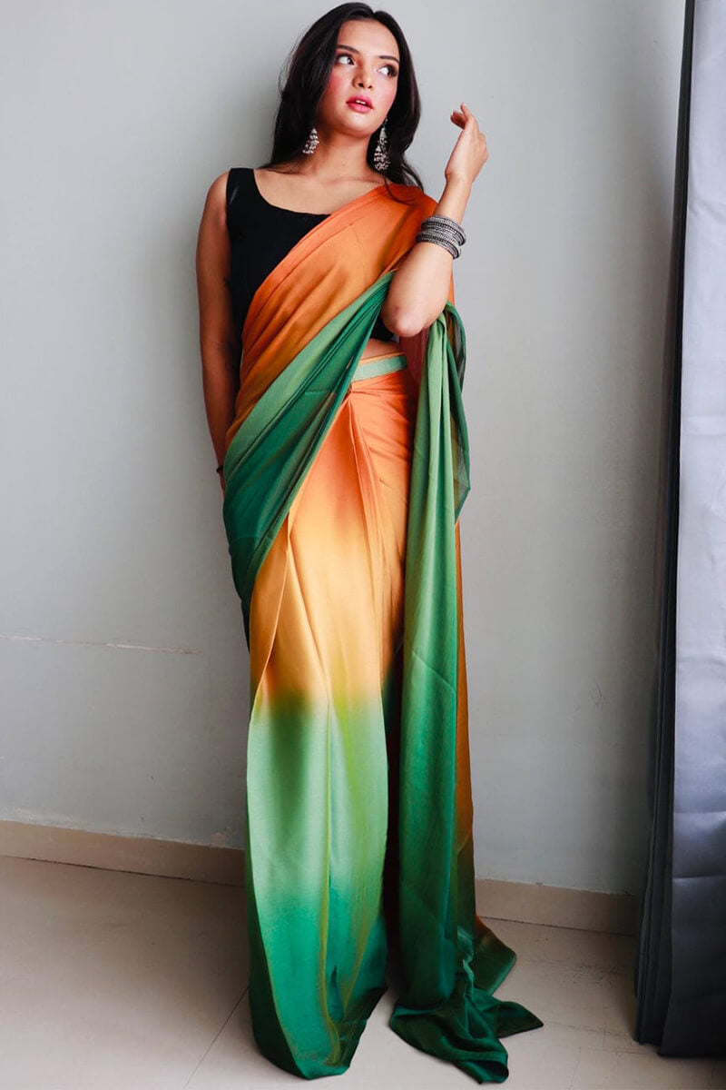 Classy 1-Minute Ready To Wear Orange and Green Chiffon Silk Saree