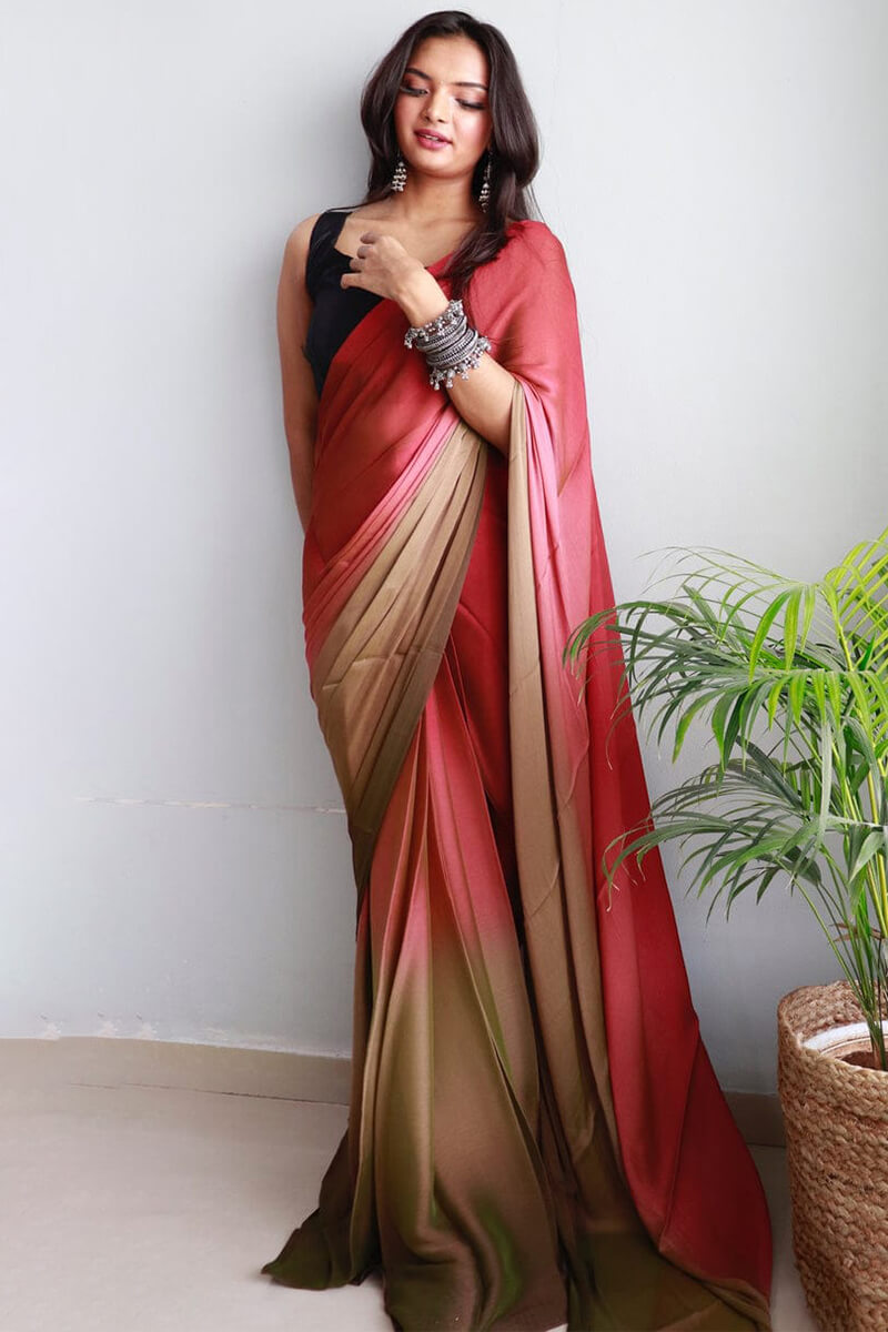 Sophisticated 1-Minute Ready To Wear Pink and Brown Chiffon Silk Saree