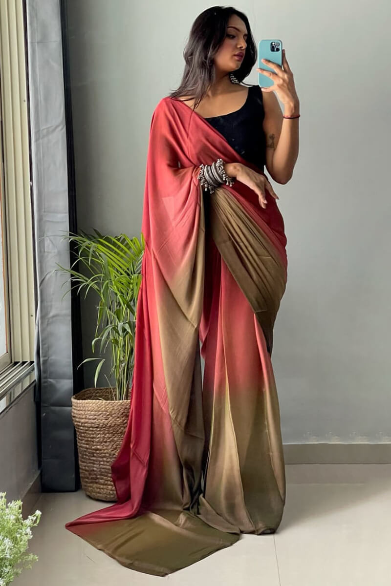 Sophisticated 1-Minute Ready To Wear Pink and Brown Chiffon Silk Saree