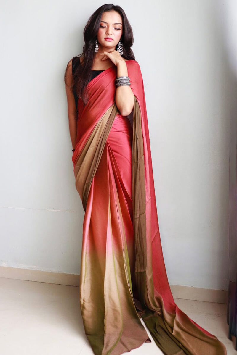 Sophisticated 1-Minute Ready To Wear Pink and Brown Chiffon Silk Saree