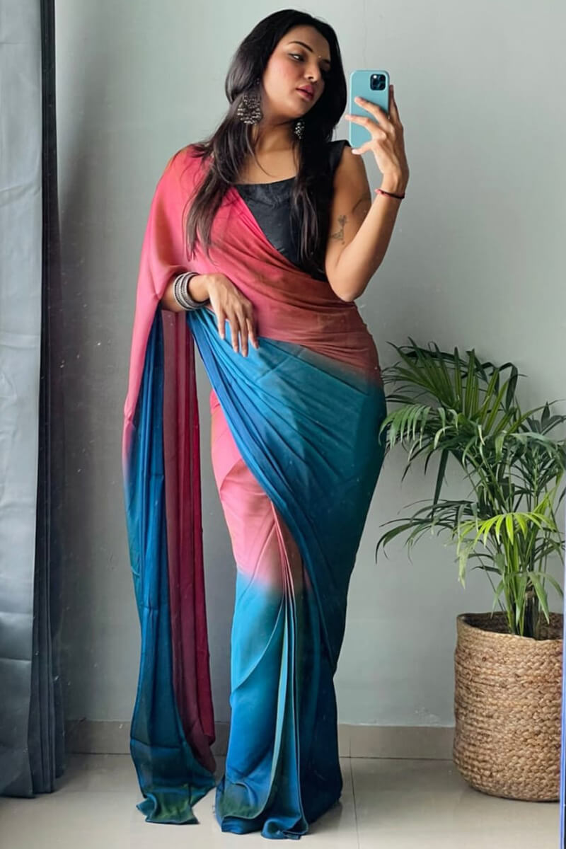 Amazing 1-Minute Ready To Wear Pink and Firozi Chiffon Silk Saree