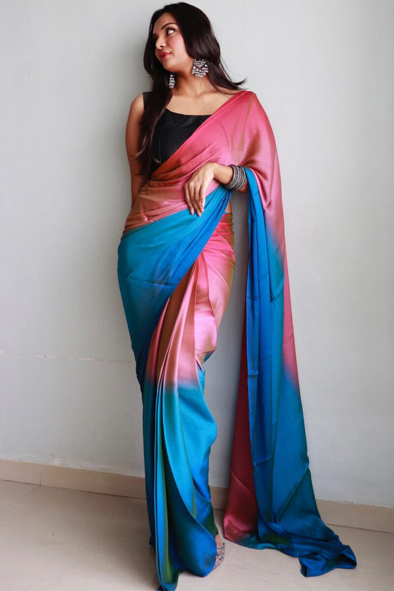 Amazing 1-Minute Ready To Wear Pink and Firozi Chiffon Silk Saree