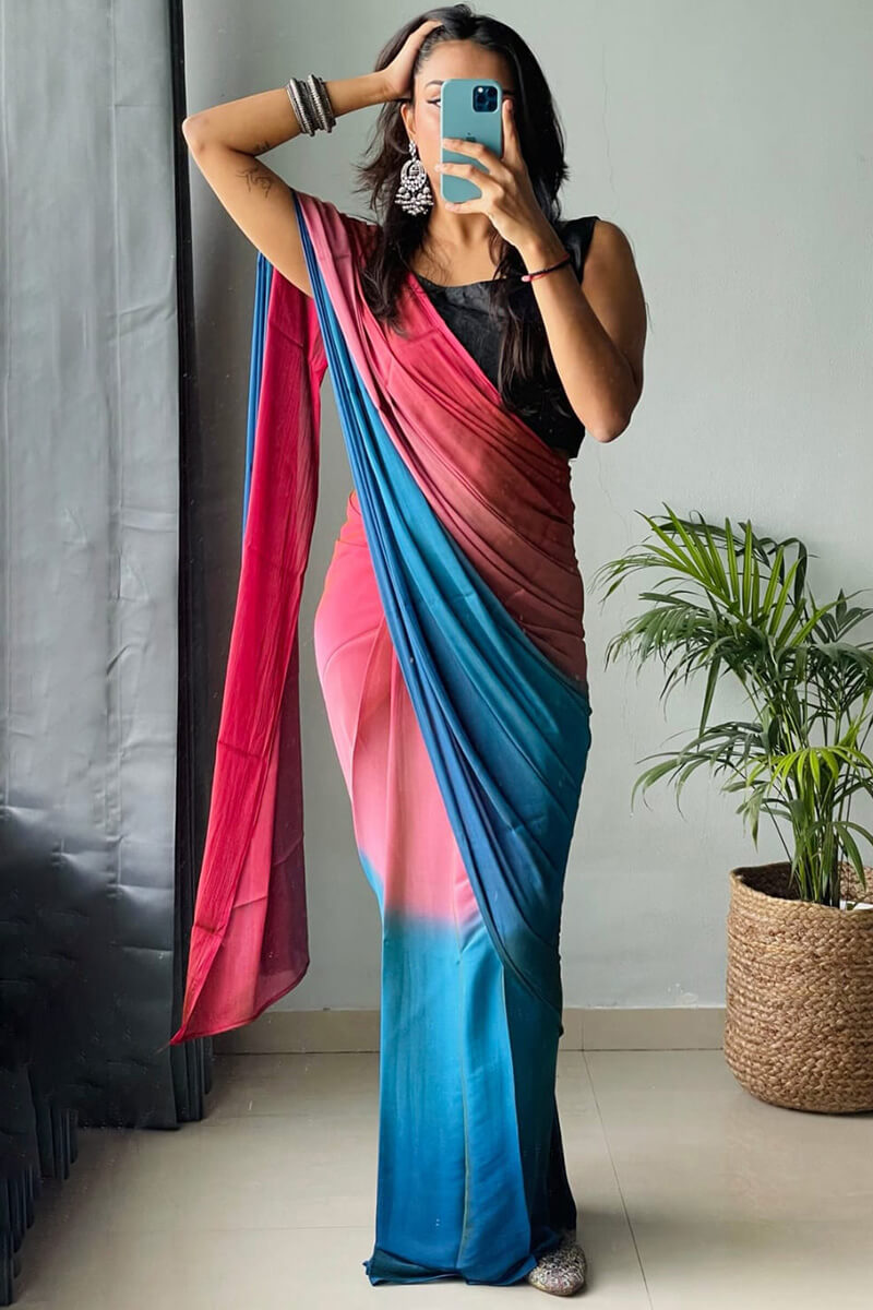 Amazing 1-Minute Ready To Wear Pink and Firozi Chiffon Silk Saree