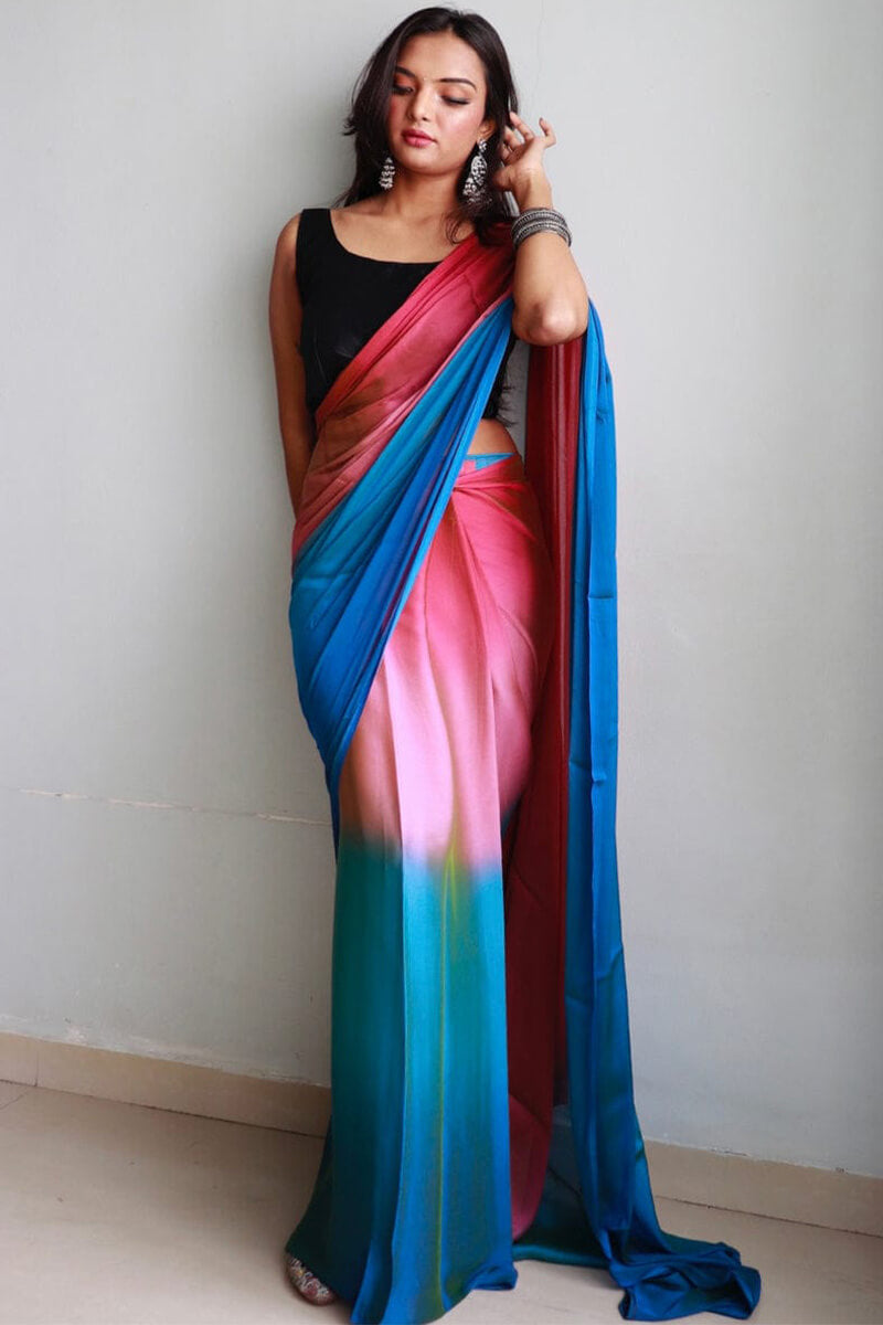 Amazing 1-Minute Ready To Wear Pink and Firozi Chiffon Silk Saree