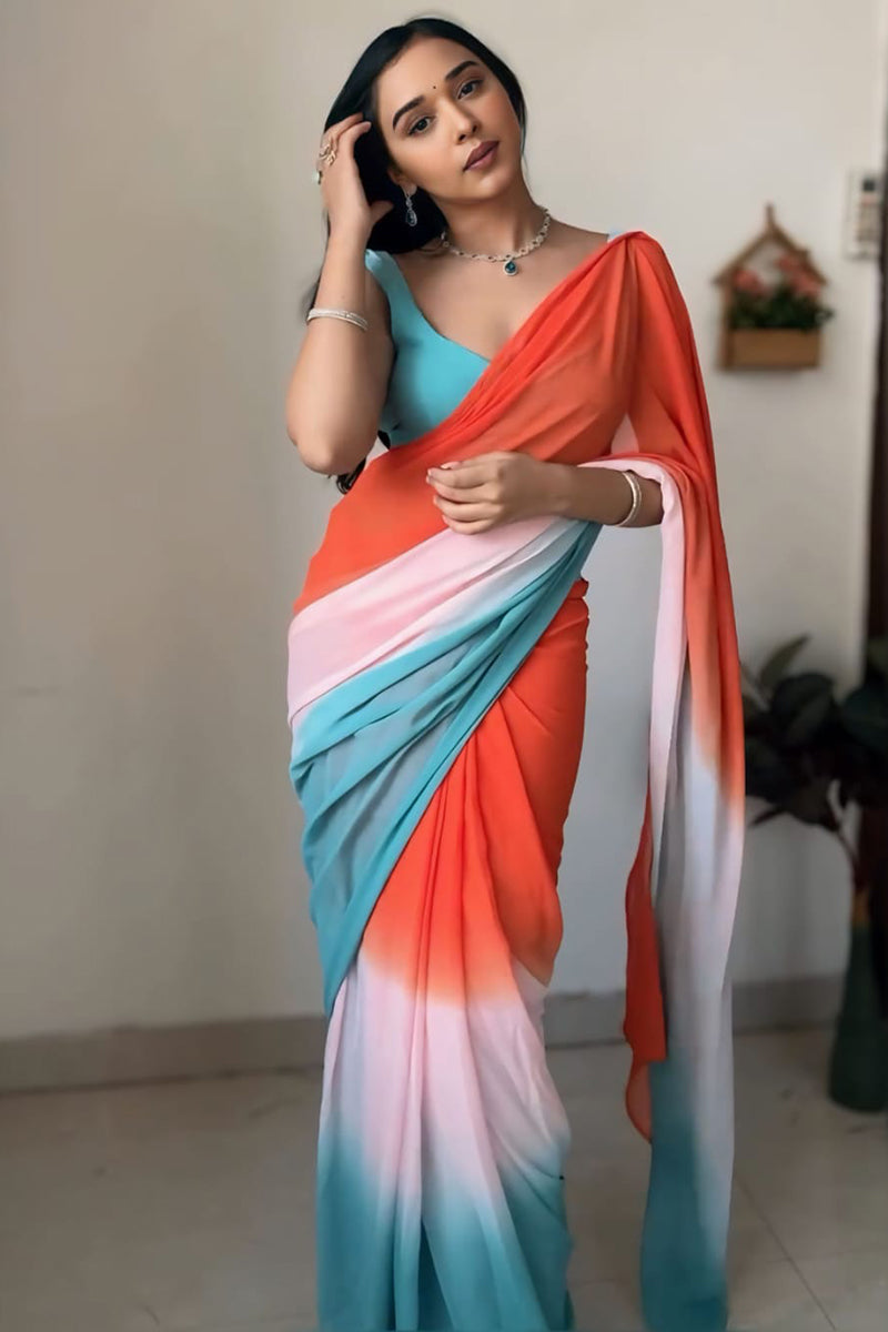 Twirling 1-Minute Ready To Wear Orange and Firozi Georgette Saree