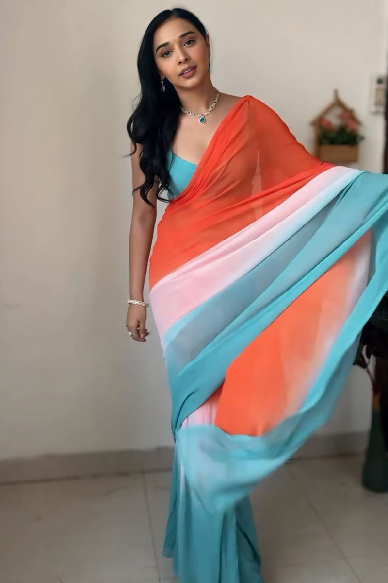 Twirling 1-Minute Ready To Wear Orange and Firozi Georgette Saree