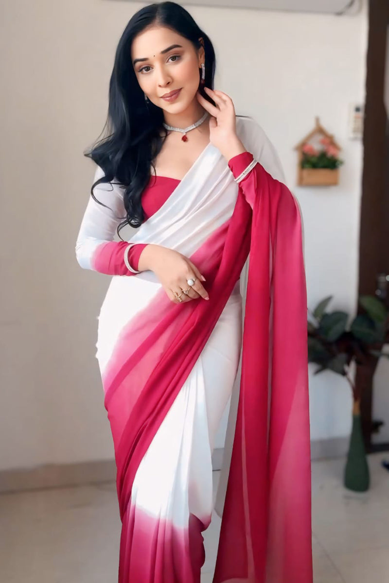 Admirable 1-Minute Ready To Wear Dark Pink and White Georgette Saree