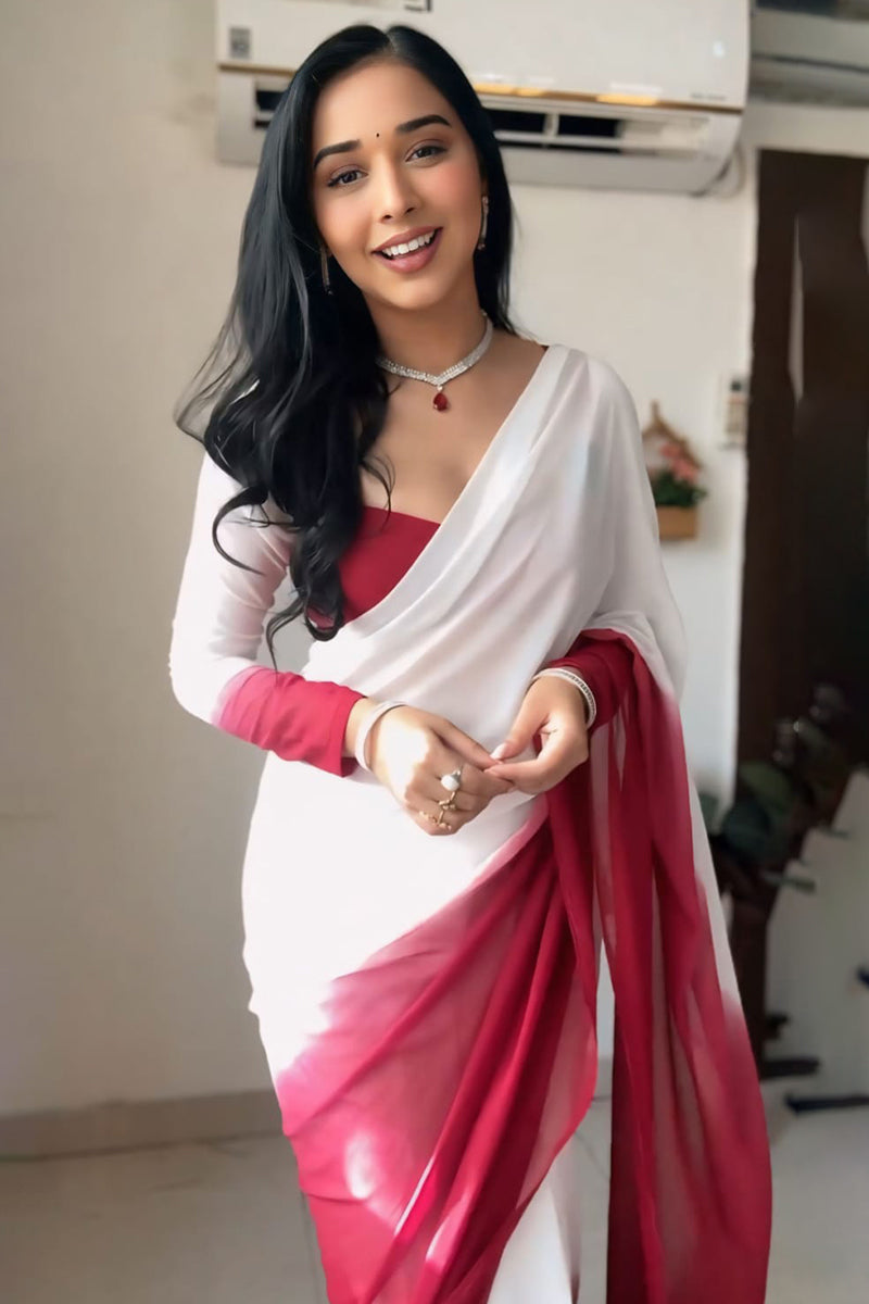 Admirable 1-Minute Ready To Wear Dark Pink and White Georgette Saree