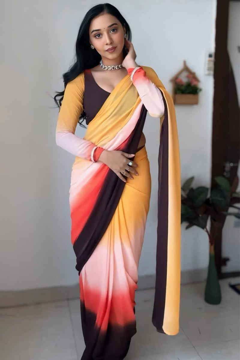 Petrichor 1-Minute Ready To Wear Yellow and Brown Georgette Saree