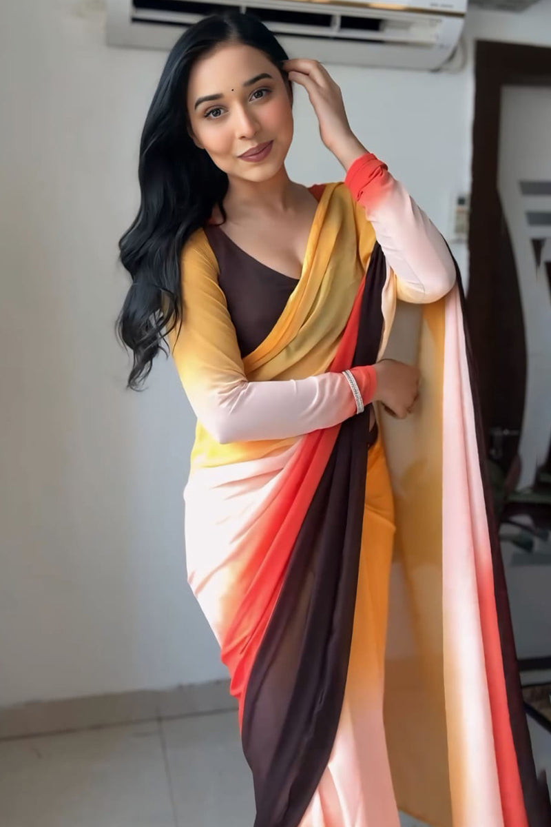 Petrichor 1-Minute Ready To Wear Yellow and Brown Georgette Saree