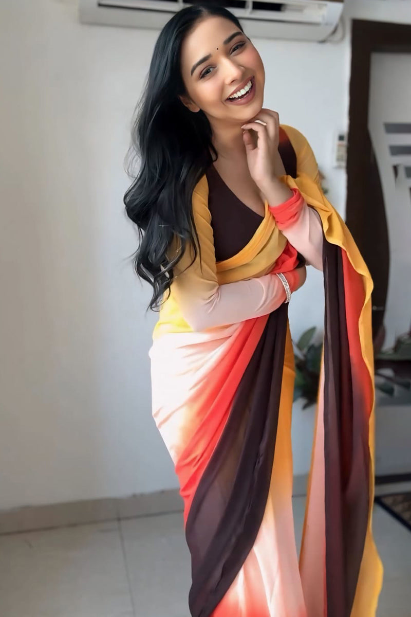 Petrichor 1-Minute Ready To Wear Yellow and Brown Georgette Saree