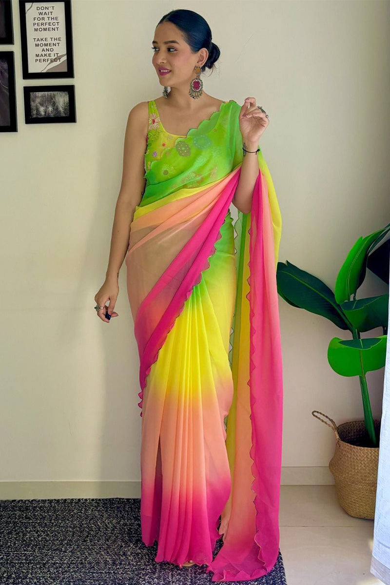 Effulgent 1-Minute Ready To Wear Green and Pink Georgette Saree