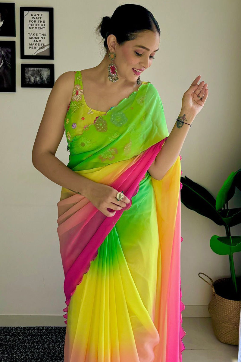 Effulgent 1-Minute Ready To Wear Green and Pink Georgette Saree