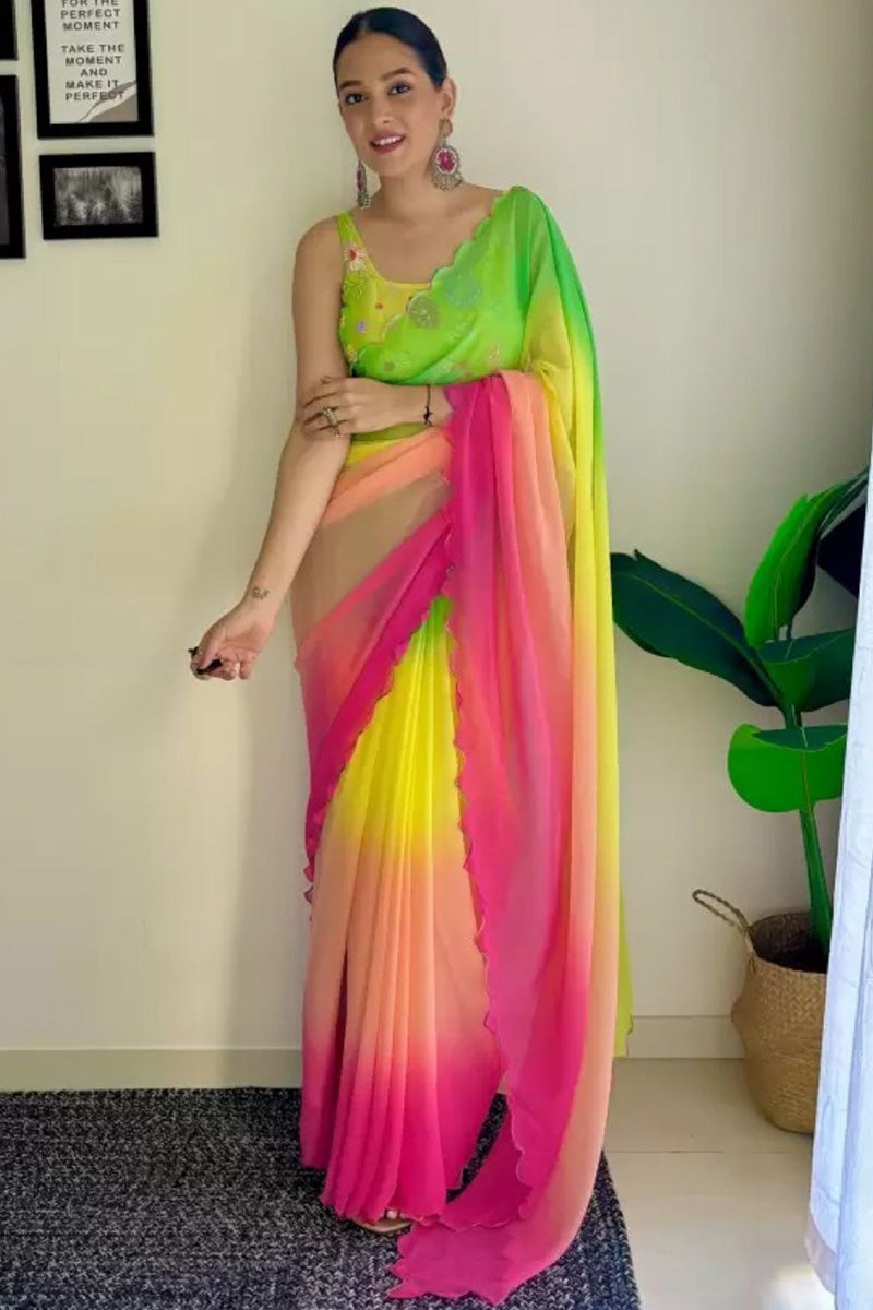 Effulgent 1-Minute Ready To Wear Green and Pink Georgette Saree