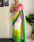 Unequalled 1-Minute Ready To Wear Pink and Parrot Georgette Saree