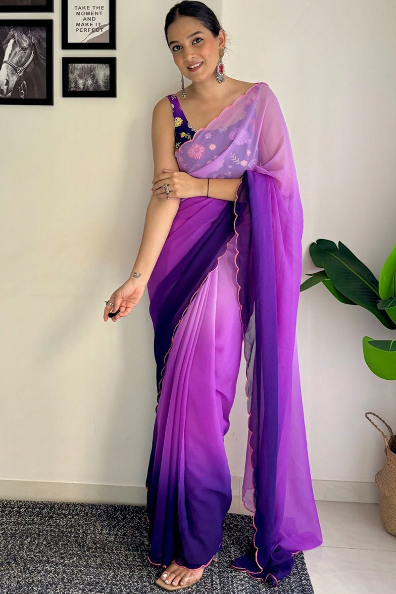 Luxuriant 1-Minute Ready To Wear Purple and Blue Georgette Saree