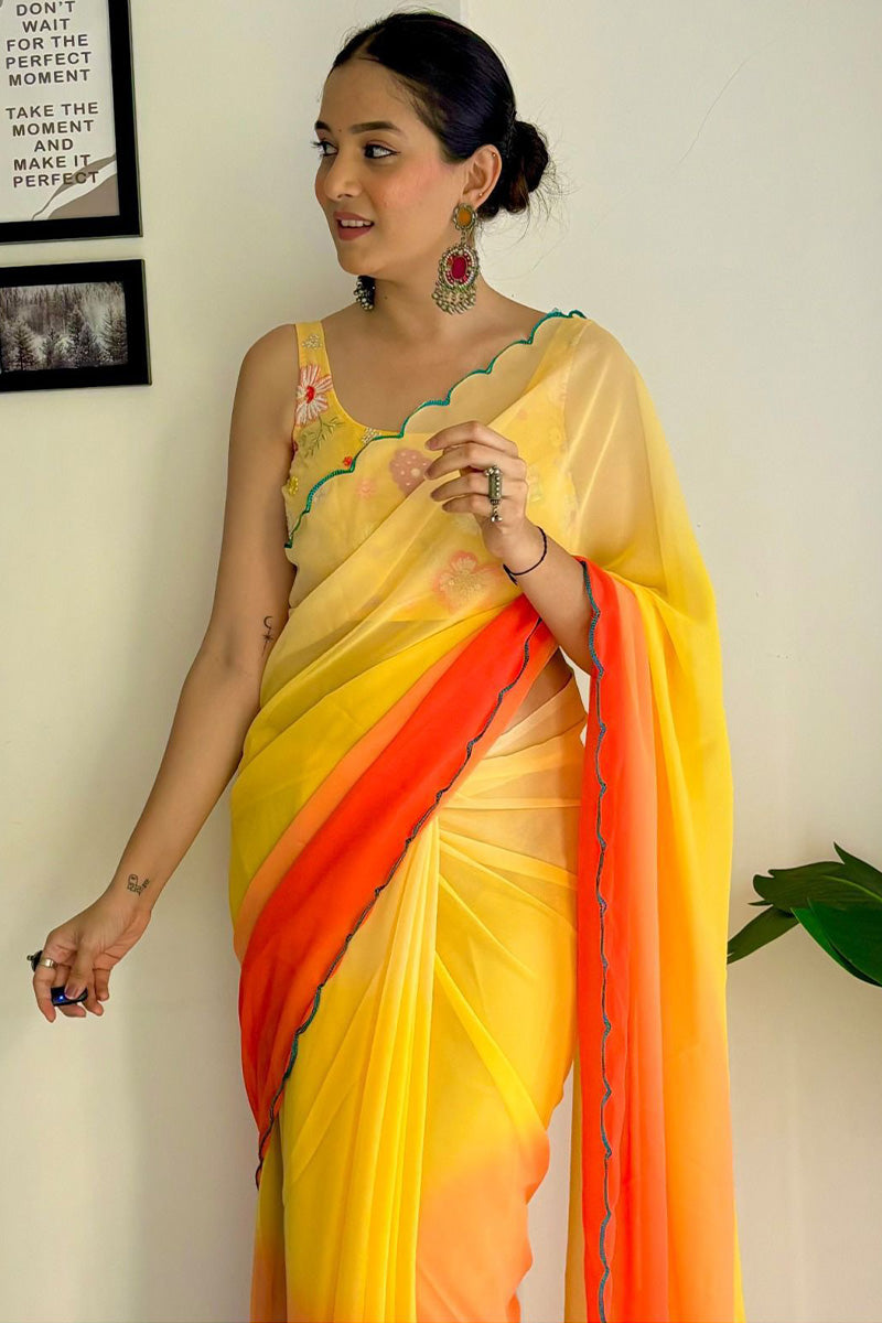 Magnetic 1-Minute Ready To Wear Yellow and Orange Georgette Saree