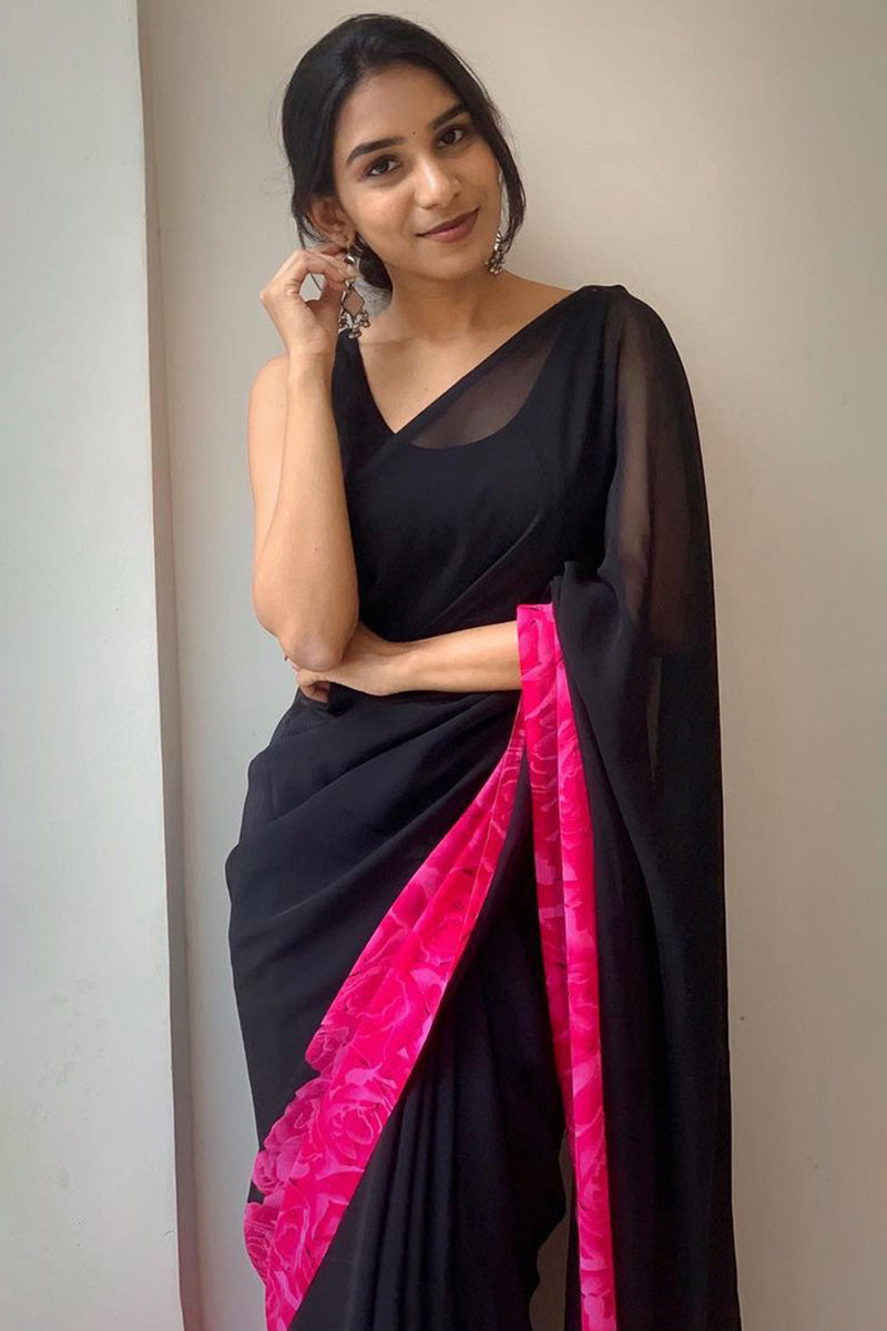 Mellifluous 1-Minute Ready To Wear Black Georgette Saree