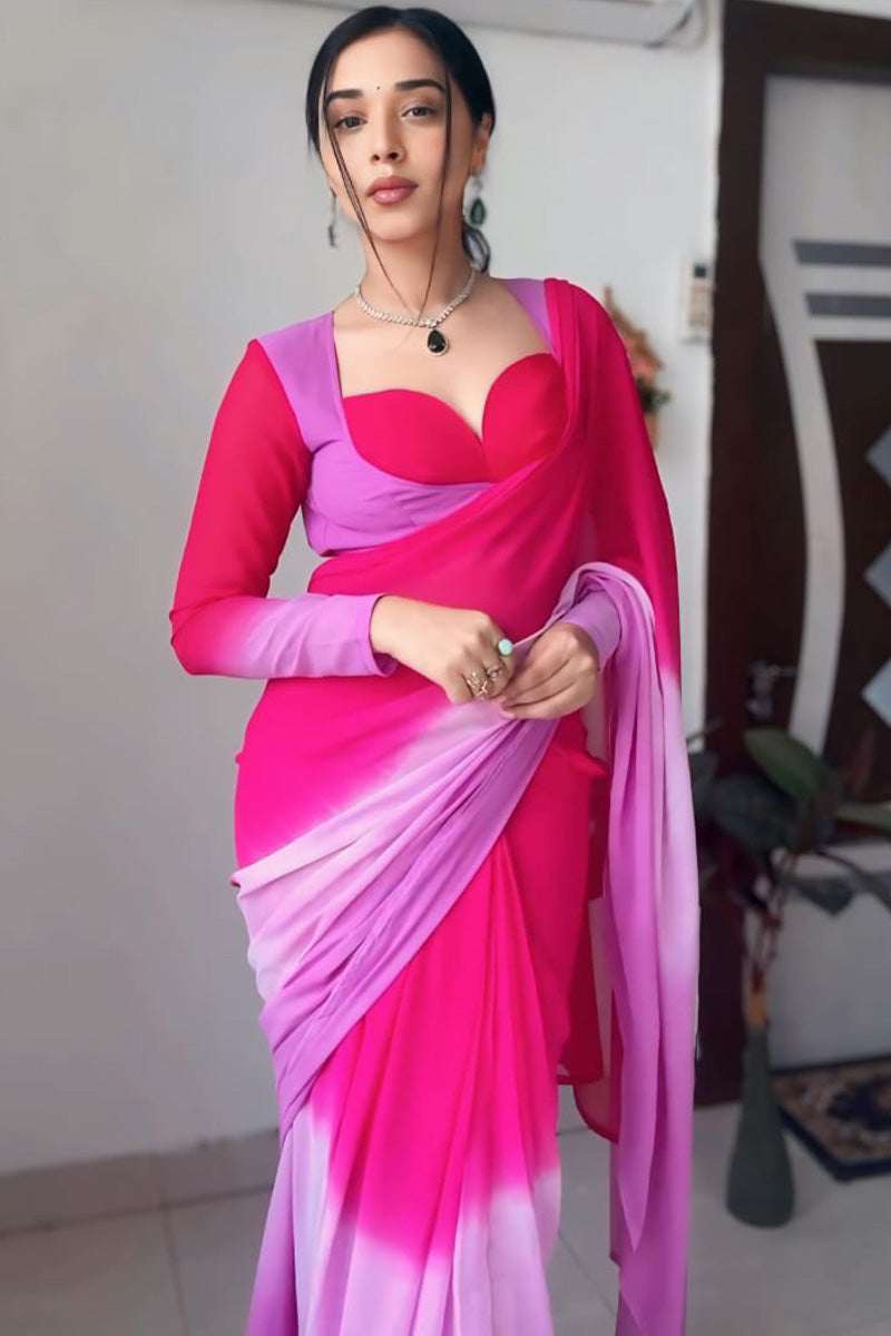 Excellent 1-Minute Ready To Wear Pink and Lavender Georgette Saree