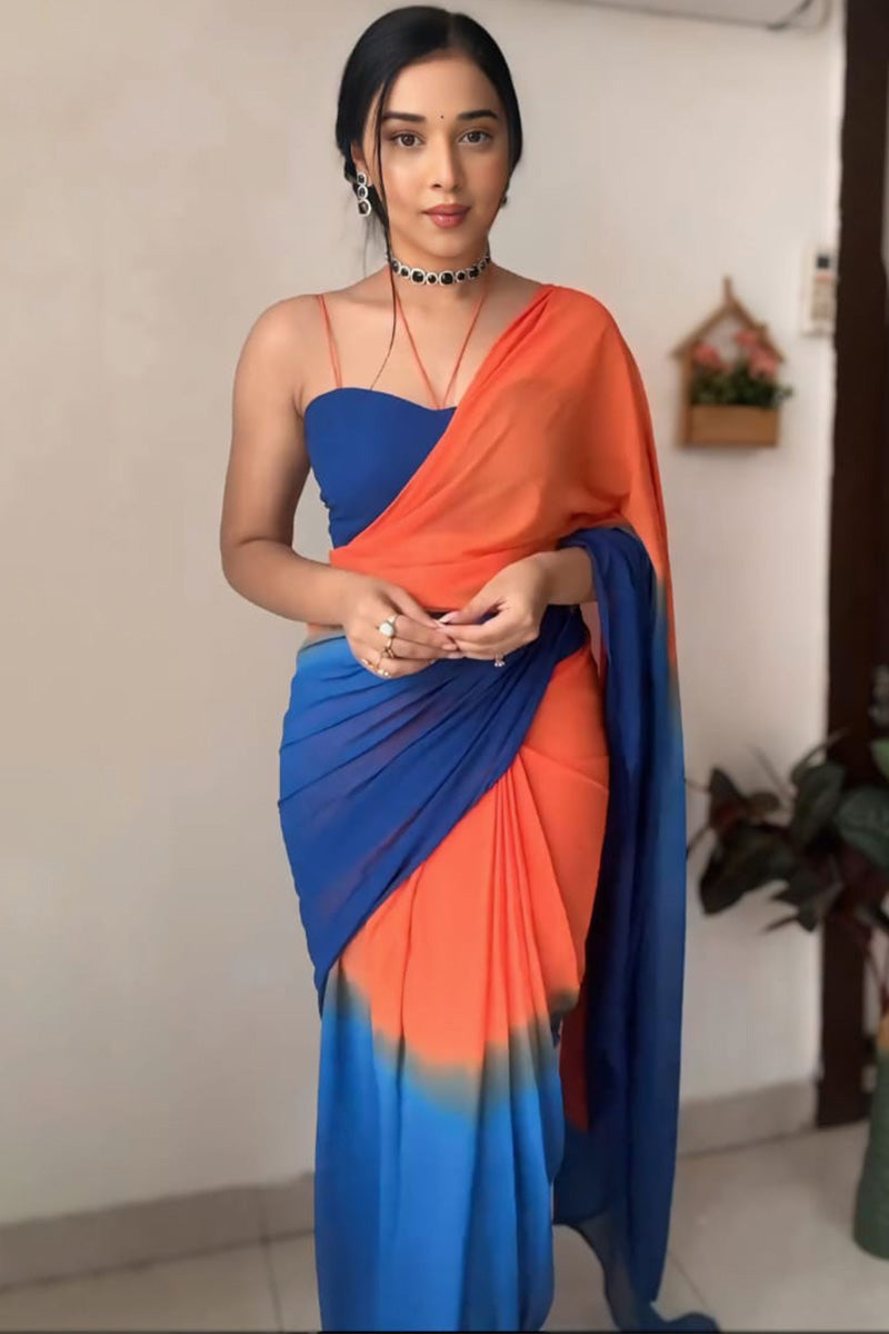 Excellent 1-Minute Ready To Wear Orange and Blue Georgette Saree