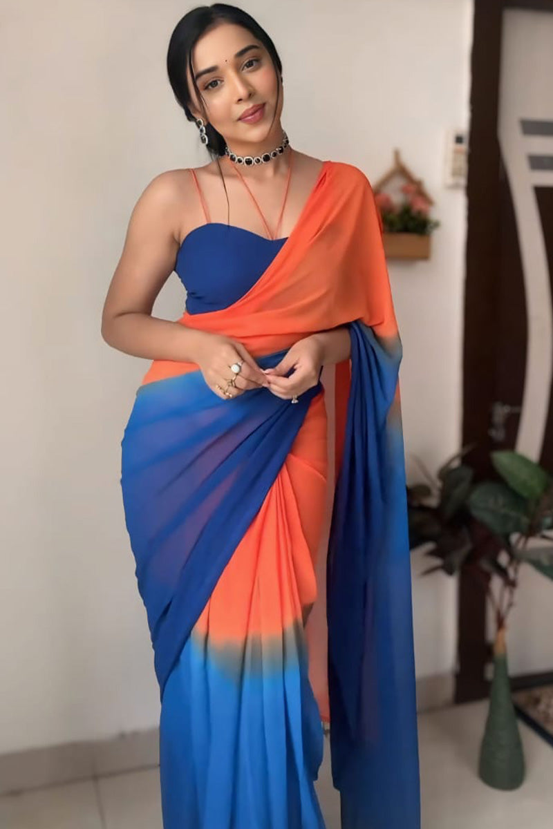 Excellent 1-Minute Ready To Wear Orange and Blue Georgette Saree