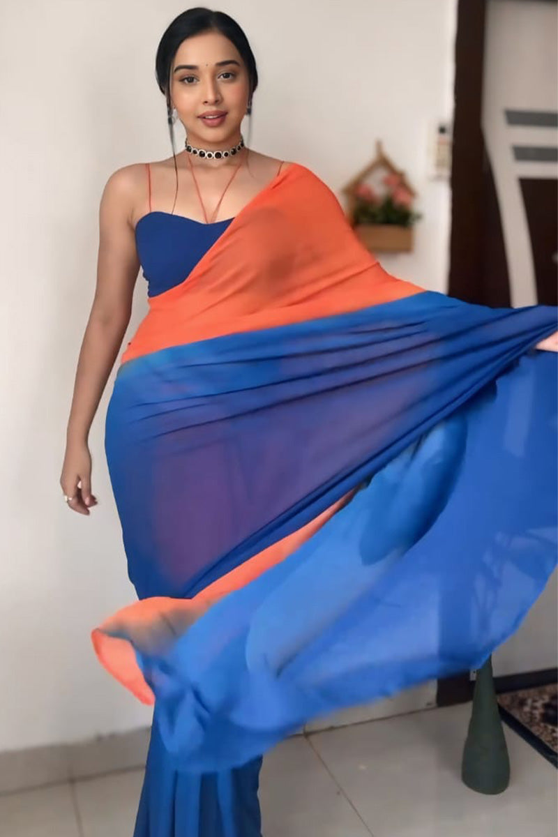 Excellent 1-Minute Ready To Wear Orange and Blue Georgette Saree