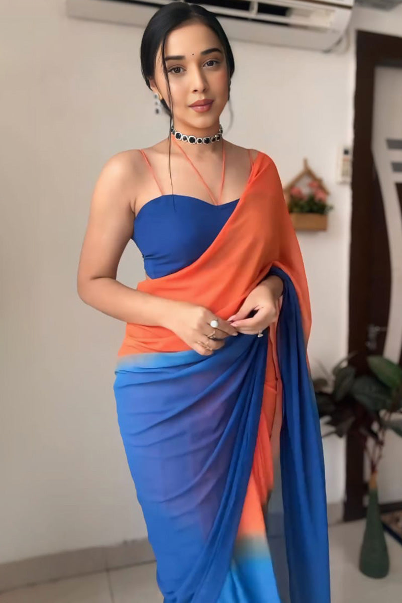 Excellent 1-Minute Ready To Wear Orange and Blue Georgette Saree