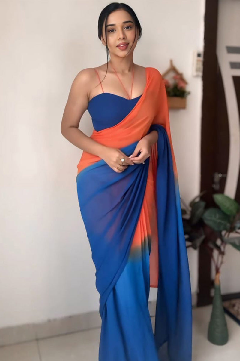 Excellent 1-Minute Ready To Wear Orange and Blue Georgette Saree