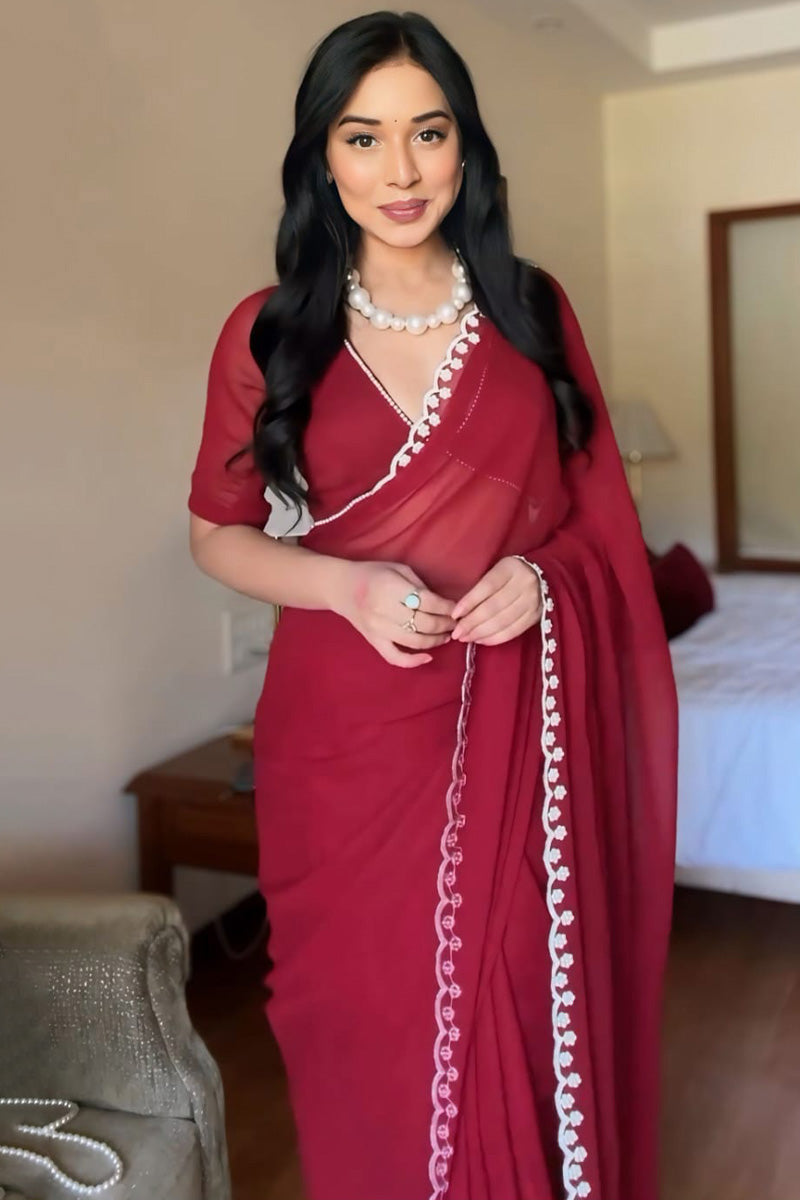 Most Stunning 1-Minute Ready To Wear Maroon Georgette Saree