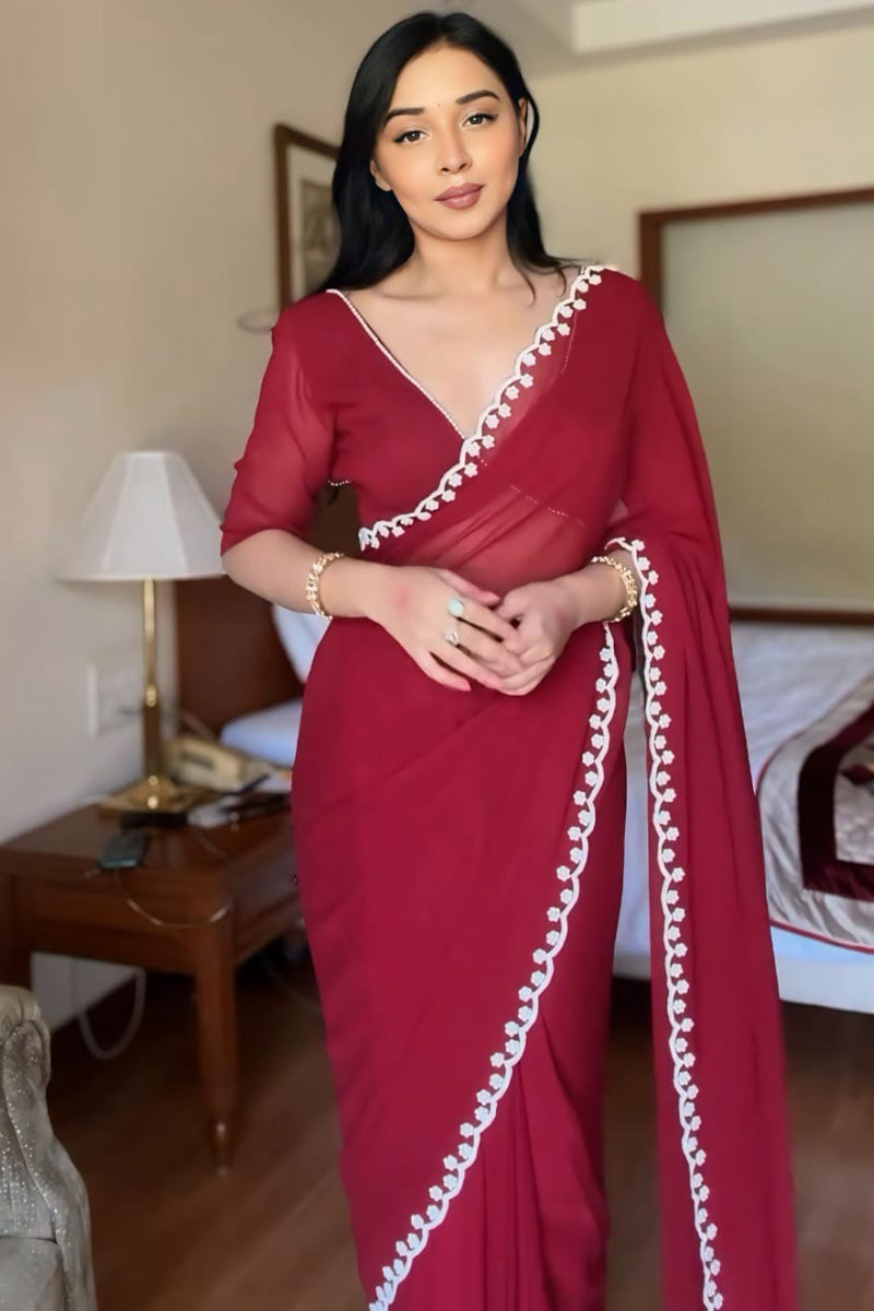 Most Stunning 1-Minute Ready To Wear Maroon Georgette Saree