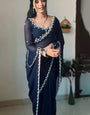 Entrancing 1-Minute Ready To Wear Navy Blue Georgette Saree