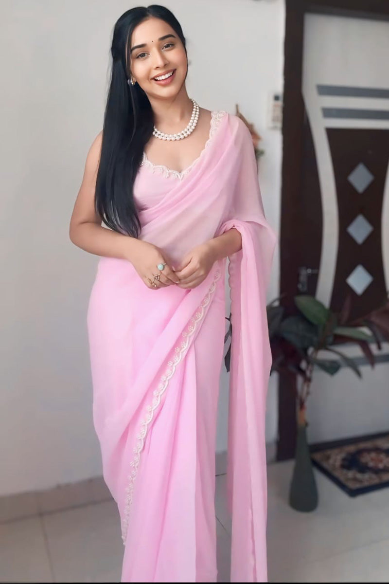 Dissemble 1-Minute Ready To Wear Pink Georgette Saree