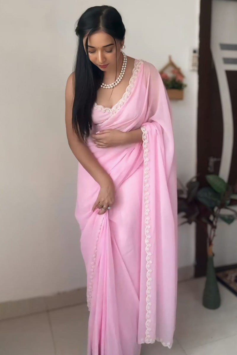 Dissemble 1-Minute Ready To Wear Pink Georgette Saree