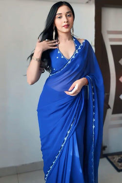 Seraphic 1-Minute Ready To Wear Royal Blue Georgette Saree