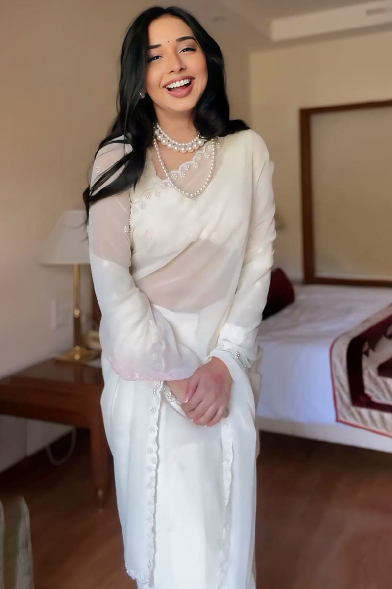 Exquisite 1-Minute Ready To Wear White Georgette Saree