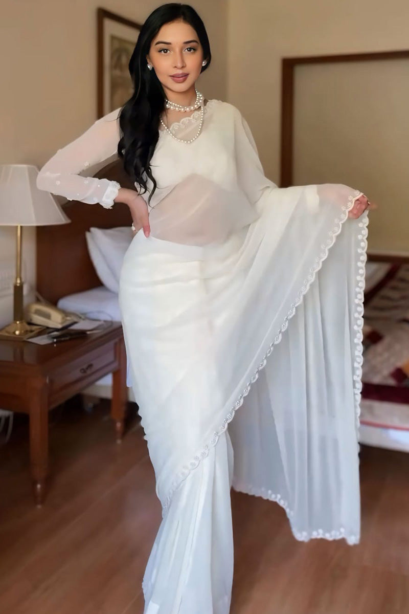 Exquisite 1-Minute Ready To Wear White Georgette Saree