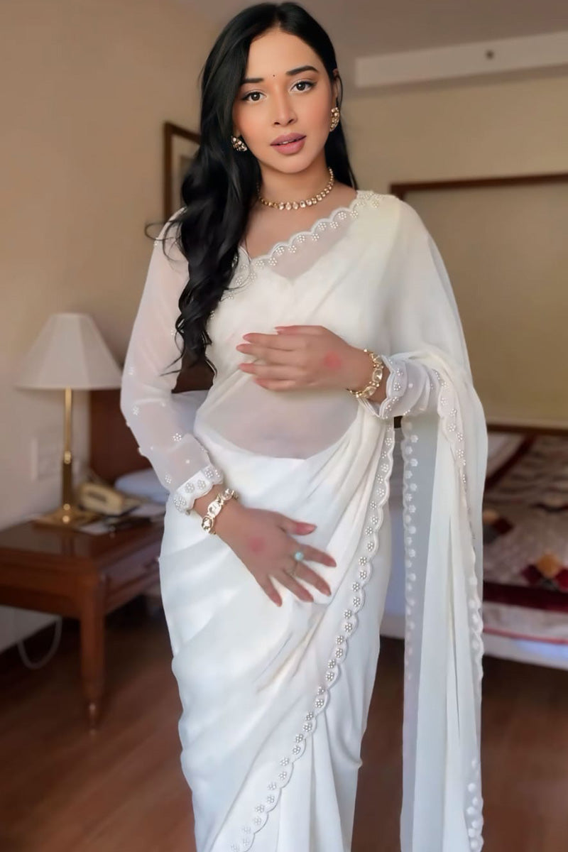 Exquisite 1-Minute Ready To Wear White Georgette Saree