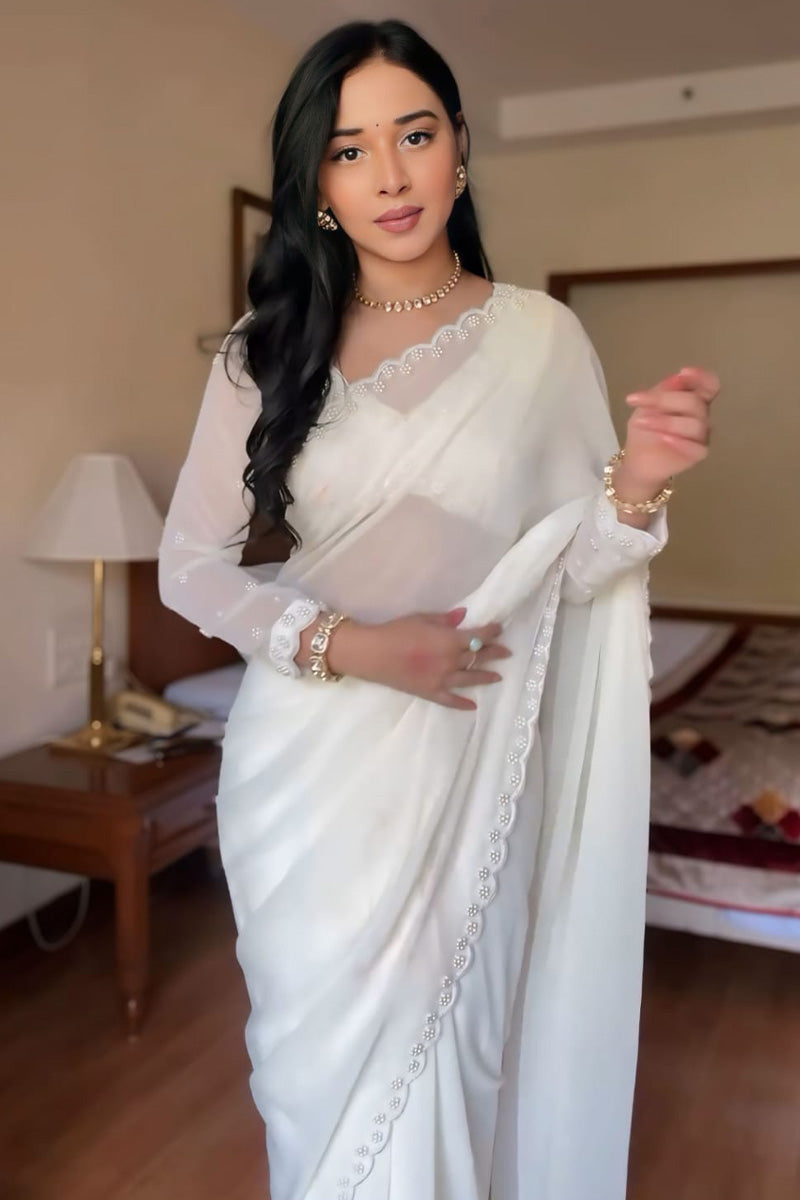 Exquisite 1-Minute Ready To Wear White Georgette Saree