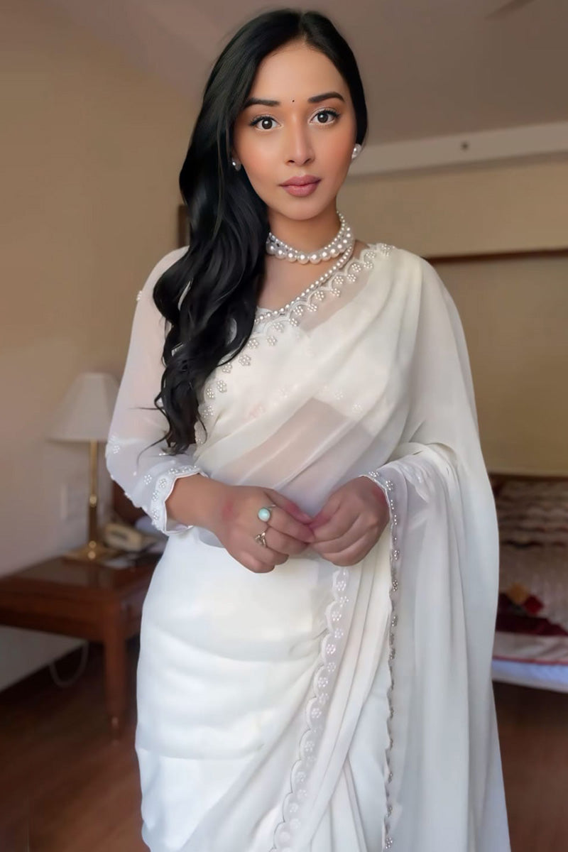 Exquisite 1-Minute Ready To Wear White Georgette Saree