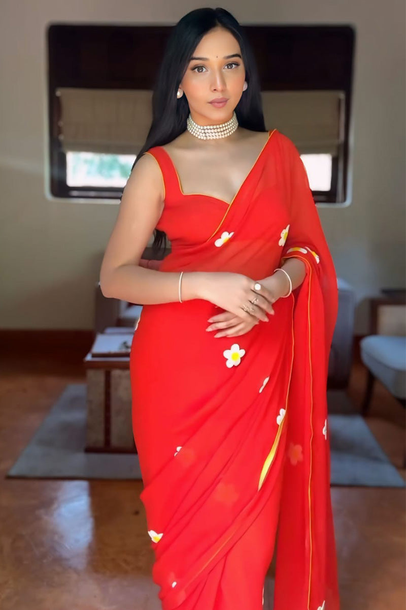 Breathtaking 1-Minute Ready To Wear Red Georgette Saree