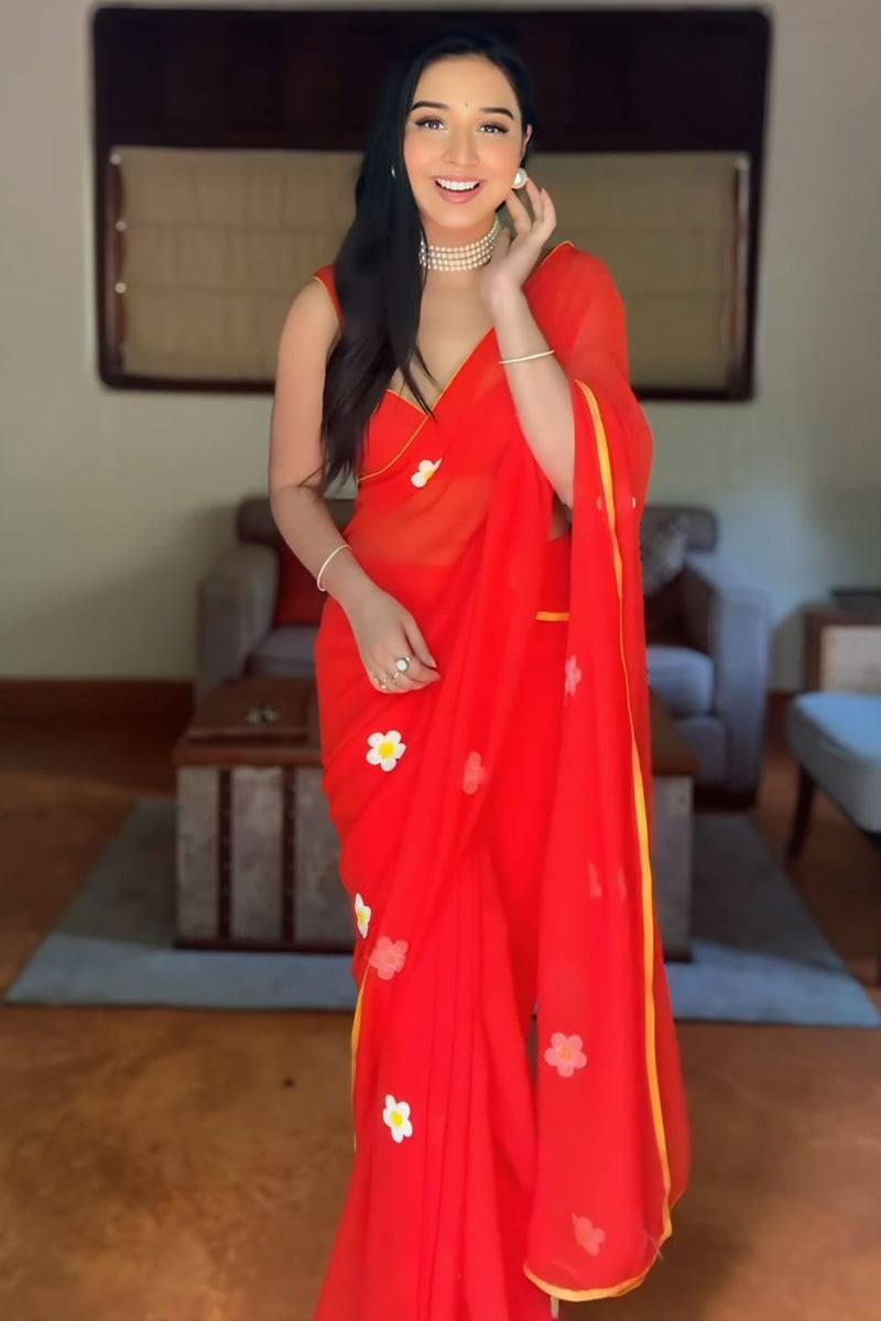 Breathtaking 1-Minute Ready To Wear Red Georgette Saree