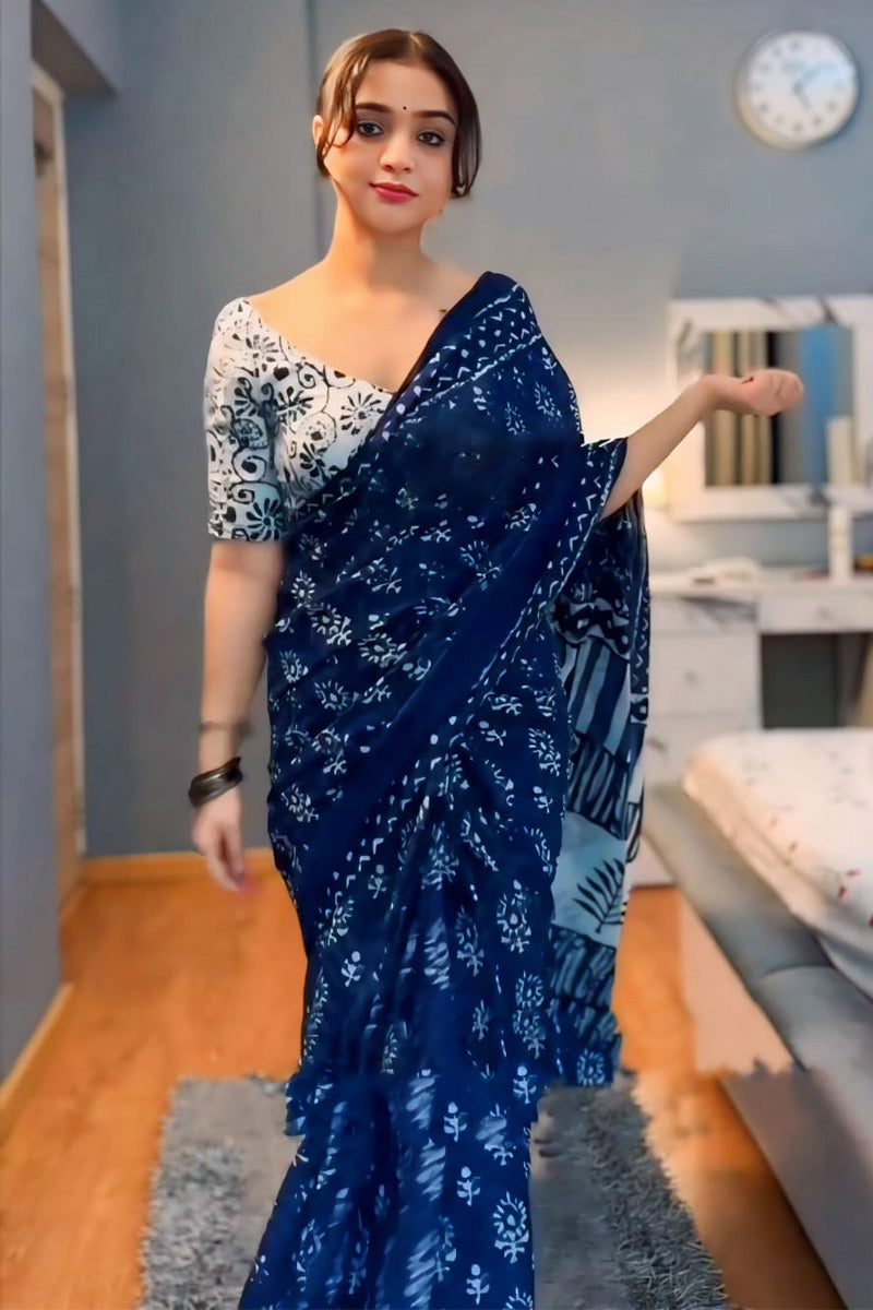 Improbable 1-Minute Ready To Wear Blue Cotton Saree – thelotusfab