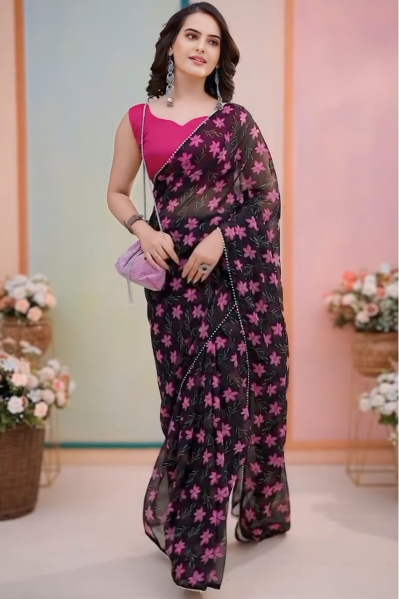 Lovely 1-Minute Ready To Wear Black Georgette Saree